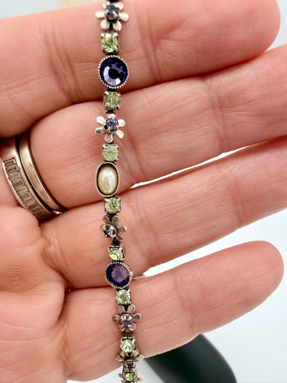 Mary DeMarco‎ Signed Vintage Crystal Flower Bracelet Purple Green Pearl Silver - Picture 2 of 4
